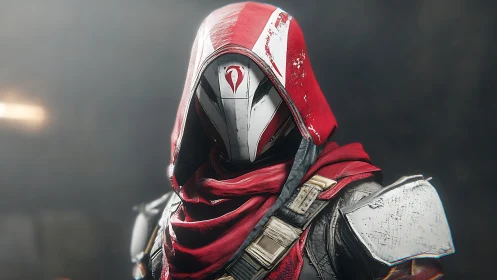 Hooded sci fi sentinel in worn red armor portrait.