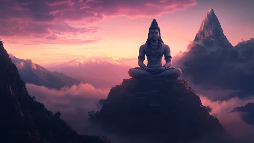 Shiva statue seated on mountain plateau amid clouds at dusk.
