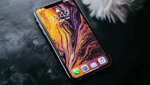 iPhone XS Max displaying liquid gold wallpaper on dark surface