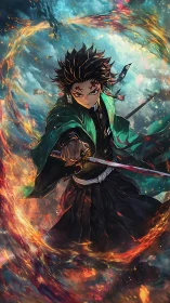 Blazing katana whirlwind around a sky-scarred demon slayer.
