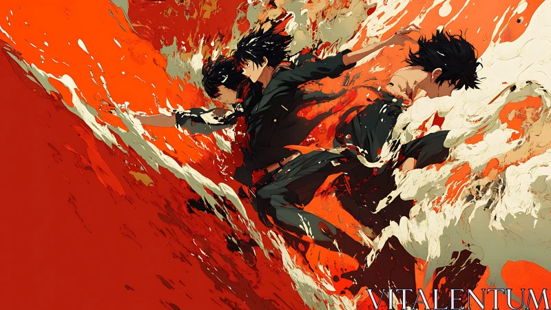 Figures in dark clothing within dynamic red motion field.