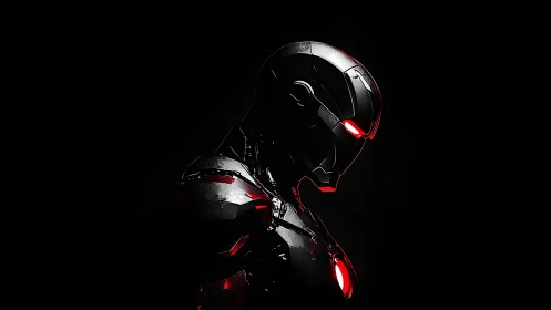 Cybernetic armored figure rendered in high-contrast 3D profile