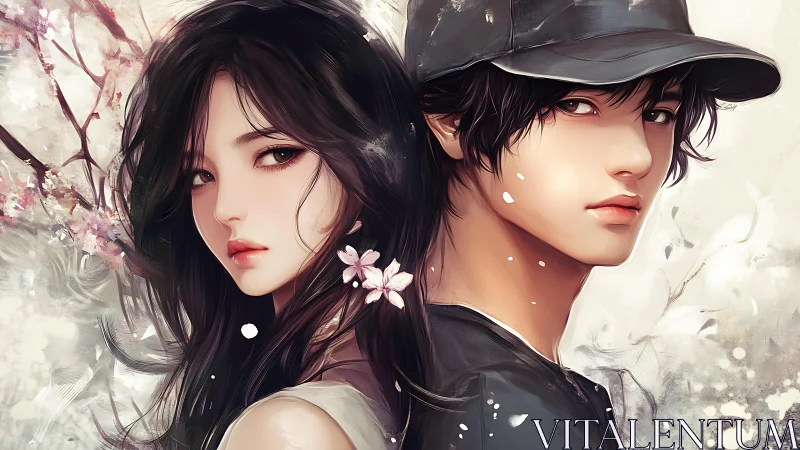 Spring lovers back to back under soft falling petals.