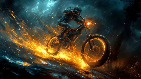 Fiery night ride with a lone biker chasing glowing trails.