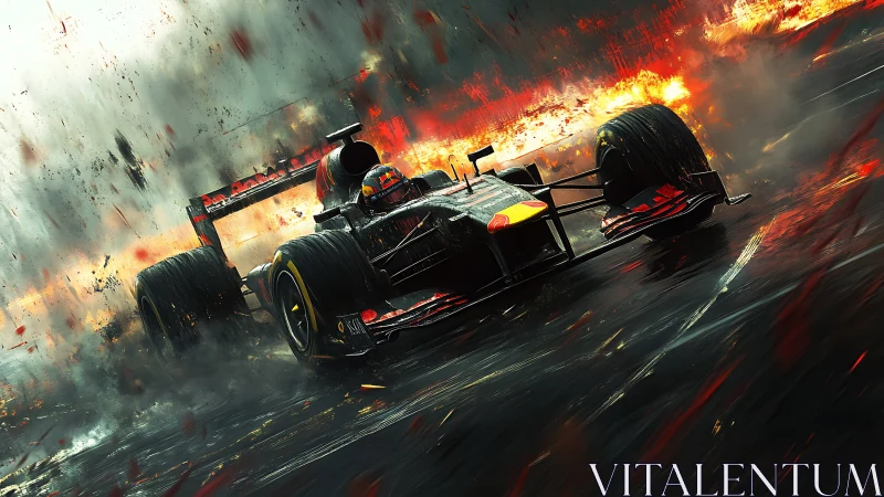 Hybrid F1 car cornering through wet track firestorm at speed.