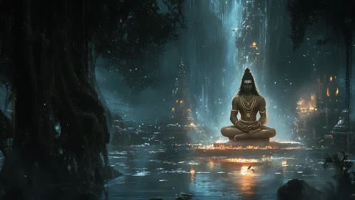 Meditating ascetic in mystical flooded temple at night.