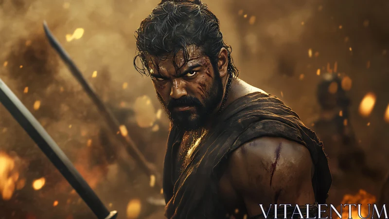 Battle-scarred warrior glaring through molten dusk chaos.