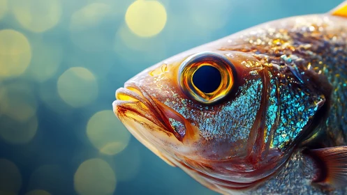 Fish head closeup shows iridescent scales and large eye
