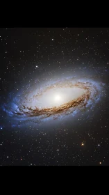 Edge-on spiral galaxy with luminous bulge and dust lane.