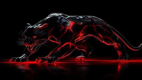 Futuristic black panther with glowing red neon lines, digital art.