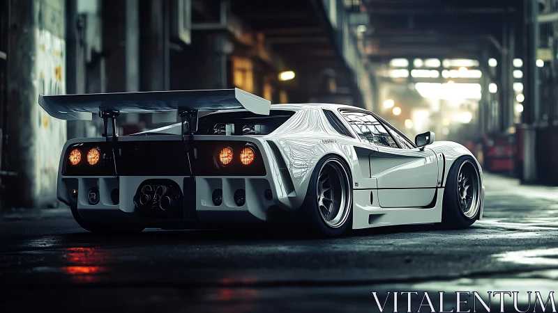 Widebody track car with oversized rear wing under moody warehouse lighting
