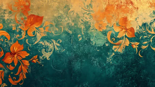 Ornate orange floral scrolls on teal textured gradient field