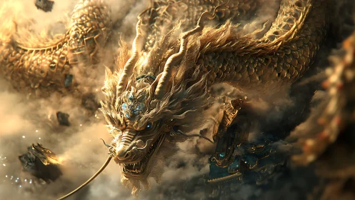 Majestic golden dragon coils through stormy, glowing clouds