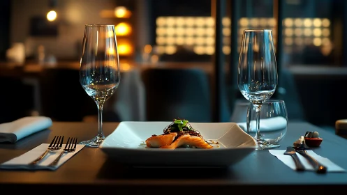 Fine dining table with plated gourmet dish and glassware.