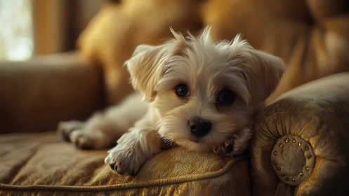 Small white puppy resting on a golden velvet sofa backrest.