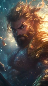 Armored sea king emerges underlit in dynamic aquatic glow