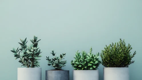 Four potted shrubs are aligned against a plain teal wall