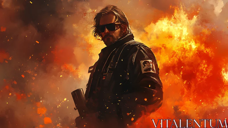 Armored soldier stands defiant amid blazing explosions.