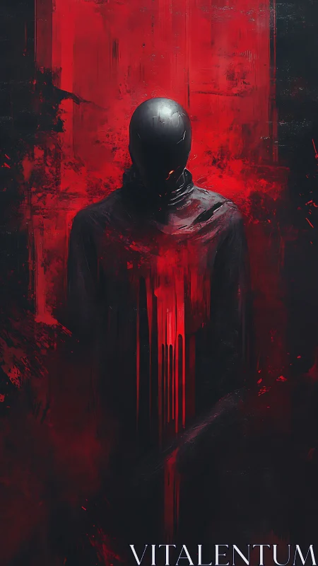 Faceless hooded figure in abstract red and black field.