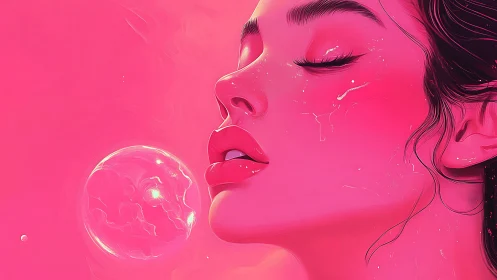 Dreamlike pink portrait with floating luminous bubble.
