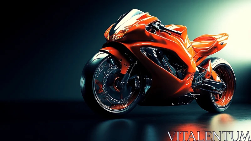 Futuristic orange sport motorcycle under dramatic studio light.