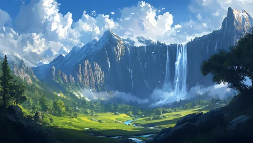 Vast mountain range with tall cliff waterfalls and valley.