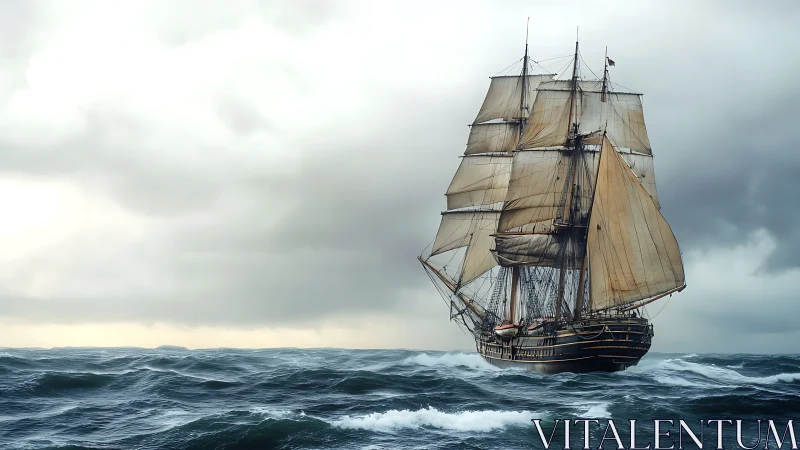 Square-rigged tall ship under storm-laden overcast sky at sea.
