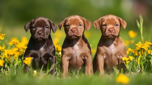 Three puppies sit in yellow flowers on a sunlit green lawn