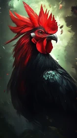 Crimson-Crowned Rooster Portrait Against Ethereal Green Haze.