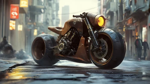 Futuristic custom motorcycle stands on wet urban street