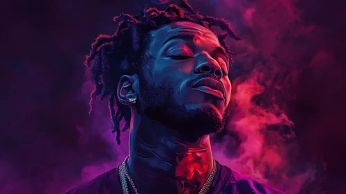 Male portrait in neon lighting with magenta smoke background.