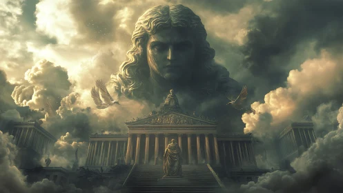 Stormcrow temple beneath a brooding celestial titan.