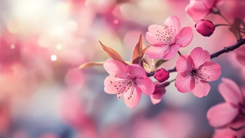 Pink Cherry Blossoms on Branch with Soft Focus Background