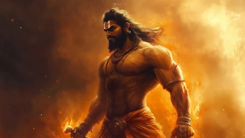 Mythic warrior stands in fiery orange atmospheric glow
