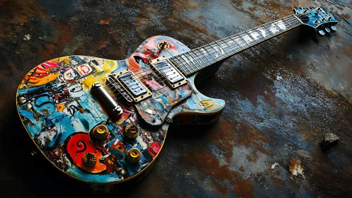Electric guitar with abstract graffiti collage finish.