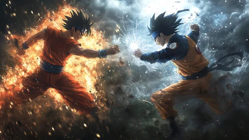 Opposing anime warriors clash amid fire and storm energy