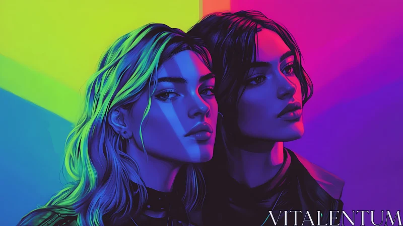 Neon-lit dual portraits merge cyan, magenta, and yellow glow.