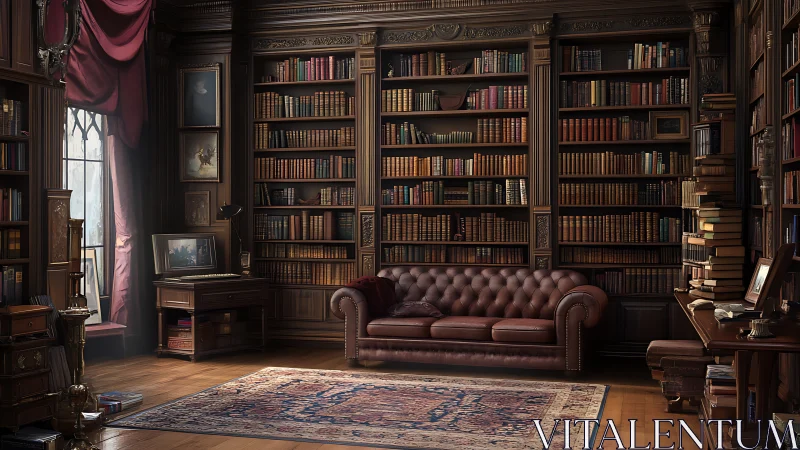 Luxurious leather library lounge under warm classic light.