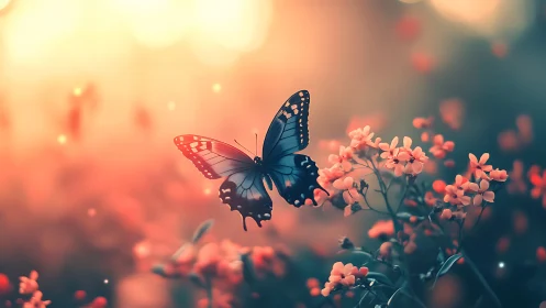 Butterfly over coral wildflowers in glowing sunset haze.