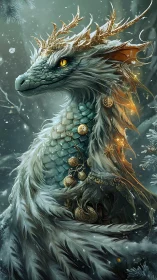 Regal winter dragon gazes softly through swirling snow