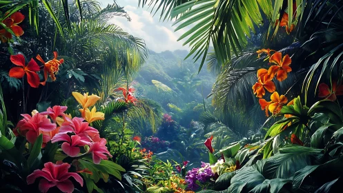 Dense tropical foliage frames a central misty jungle valley