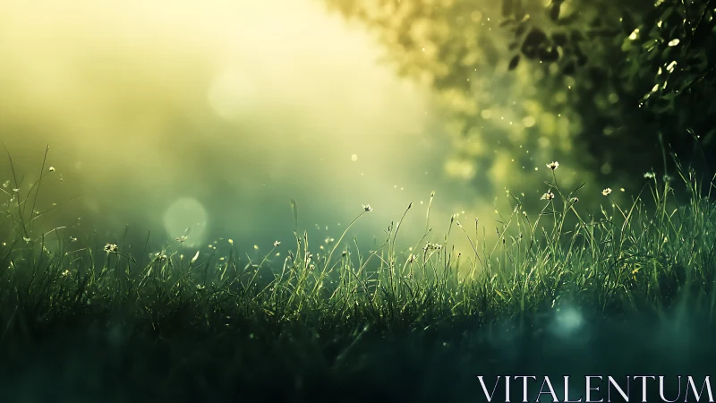 Sunlit grass blades occupy foreground under diffused bokeh light