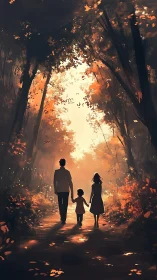 Three silhouetted figures walking through luminous forest passage at dusk