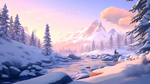 Radiant alpine winter valley in stylized digital rendering.