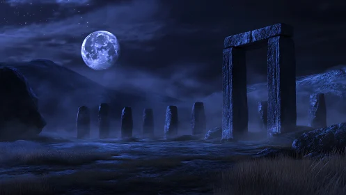 Moonlit stone portal amid ancient standing circle at night.