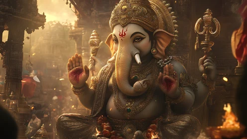 Golden Ganesha idol amid glowing temple incense haze.