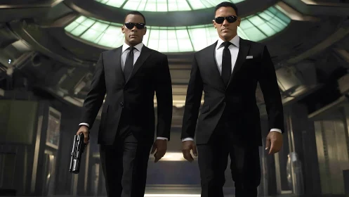 Black-suited agents stride through futuristic lit corridor.