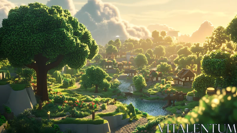 Fantasy village landscape with lush green trees and river.