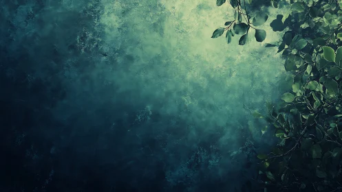 Green foliage on textured teal background, right aligned.