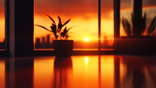 Sunlit office floor glowing beneath silhouetted plants at dusk.